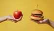 © Gro - Close-up of Hands Holding Apple and Hamburger Against Yellow Background, Food and Health Concept Generative AI