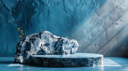 Wall Mural - A display stand showcasing cosmetic products on a podium with a backdrop of a blue lit room and ample space for text, surrounded by rocky paths.