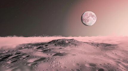 Wall Mural - Space landscape. The surface of the moon in the fog with a view of the earth. Science concept.