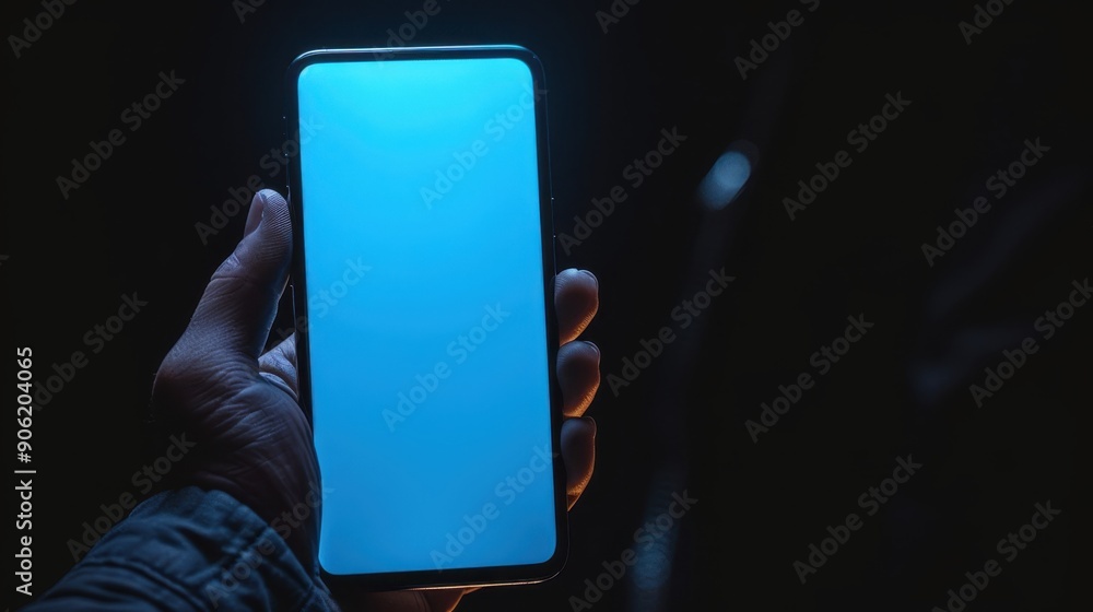 Close up Young man's hand holding mobile phone with empty screen ...