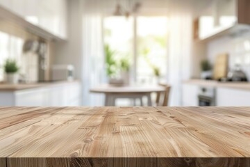 kitchen table background, wood counter top on blur of white clean abstract home interior with bokeh. used for display or montage your wooden for dining background with generative ai