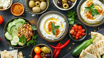 Wall Mural - Middle eastern breakfast spread with labneh cheese, fava beans, pepper dip and spices. Included are vegetables, olives and pita bread