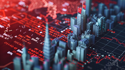 High-detail depiction of USA and China trade war, flags in a digital battleground filled with economic data 