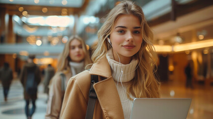 Wall Mural - Portrait of a young woman in casual clothes with a laptop in her hands against the backdrop of a modern business center.