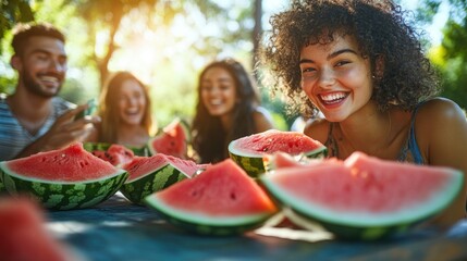 Wall Mural - A group of friends sitting at an outdoor table, enjoying slices of different watermelon varieties. The image captures their reactions and interactions as they taste and discuss the flavors. The