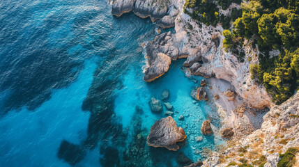 Wall Mural - Scenic ocean coast from above. Rocky cliff meets the blue sea. Capture the summer spirit with this aerial view, perfect for cards, wallpaper, or design.