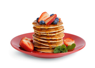 Sticker - Plate with tasty pancakes, strawberry and blueberries isolated on white background