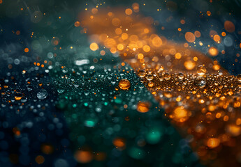 Wall Mural -  Water drops on black background with orange and green lights, creating a vibrant and colorful contrast.