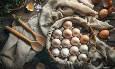 Wall Mural - Eggs in a Carton with Fabric and Wooden Spoons on a Rustic Surface