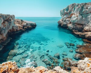 Poster - Enchanting Turquoise Lagoon Framed by Rugged Coastal Cliffs in Tranquil Tropical Paradise