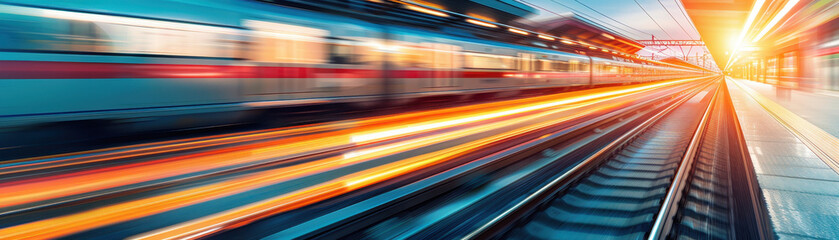 Wall Mural - Two trains are traveling down a track with mountains in the background. The trains are very long and are moving very fast