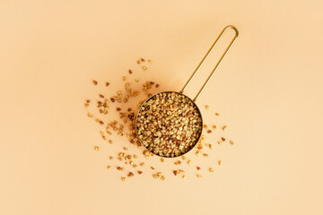 Wall Mural - Metal scoop with raw buckwheat grains on beige background