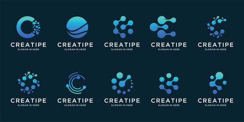 Collection of letter C abstract logo design symbol initial letter mark technology, dot, molecule, droppid, computer, data, internet.