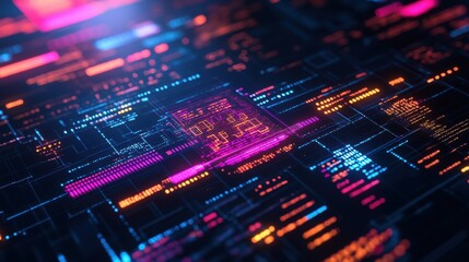 Close-up of an AI hologram with neon light accents, displaying data streams and digital code in a dark, technologically advanced setting 