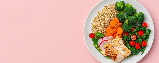 Balanced meal plate, colorful veggies and grains, flat design illustration