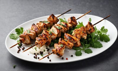 Grilled chicken skewers on white plate with parsley and white sauce