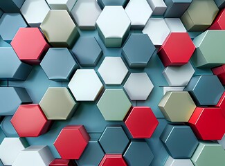 Canvas Print - 3d render of colorful geometric pattern, seamless background with white space in the center, grey and green lines, red and blue hexagons