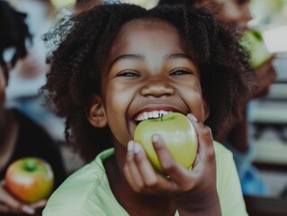 Sticker - A young girl smiles happily as she takes a bite of a green apple. AI.