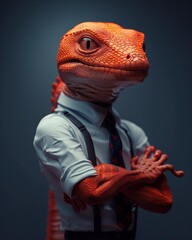 Poster - A red-headed businessman lizard in a white shirt and tie with suspenders is standing with crossed arms. AI.