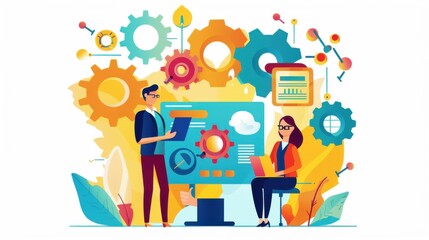 Product development, team collaborating on design, flat design illustration