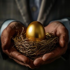 Canvas Print - A golden egg in a nest held by a pair of hands. AI.