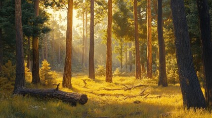 Wall Mural - A forest with a large log in the middle of the field