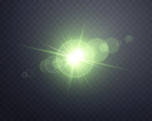 Green sunlight lens flare, sun flash with rays and spotlight. Glowing burst explosion on a transparent background. Vector illustration.