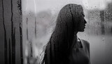 Sylwetka kobiety za mokrą szybą, tapeta generative ai