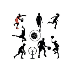 A set of Basketball player silhouettes, Basketball elements Clip art isolated vector illustration