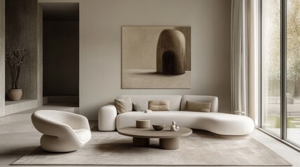 Wall Mural - A living room with a white couch and a white chair