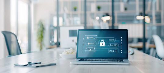 Canvas Print - A laptop computer is open on a desk in a room with a potted plant and a chair by AI generated image