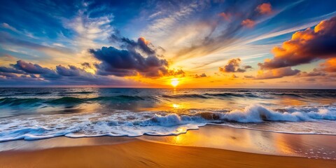 Wall Mural - Enchanting Sunset Over Crashing Waves at a Serene Beachscape AI Generative