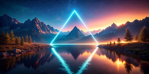 Wall Mural - Surreal Neon Triangle Portal Illuminating a Mystical Mountainous Landscape at Night AI Generative
