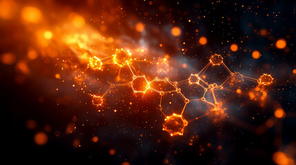 Wall Mural - abstract representation of molecular structures glowing in orange hues against a dark background, perfect for science visuals.