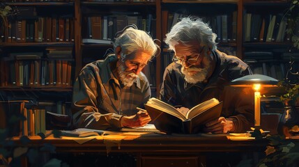 Two elder men reading a book together in a cozy library setting, illuminated by a warm lamp light.