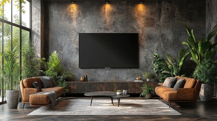 Wall Mural - Modern Industrial Living Room with Large TV, Cozy Sofas, and Indoor Plants in a Contemporary Home Setting