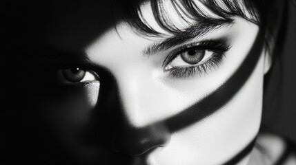 Wall Mural - Intense Black and White Portrait of a Woman with Dramatic Shadows and Striking Eyes