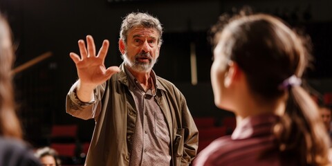 Fototapete - A theater director guiding actors through a scene, focusing on emotions and expressions