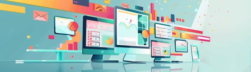 Digital marketing concept with data analytics on multiple computer screens. Ideal for illustrating business growth and online advertising.