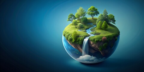 Wall Mural - a globe with a forest and a waterfall isometric green grass land isolated on dark blue background ai