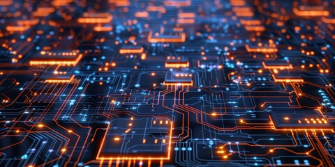 Poster - Abstract digital circuit board with glowing nodes, symbolizing intricate system maintenance in technology