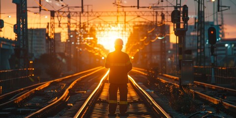 Poster - A technician conducting maintenance on railway tracks, crucial for efficient transportation system maintenance
