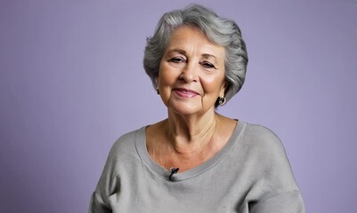 Wall Mural - Portrait of a happy senior woman smiling at the camera over purple background