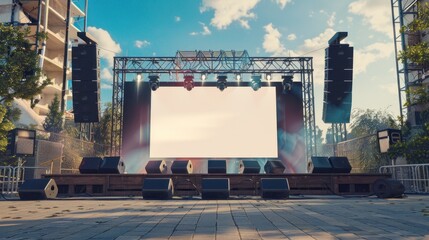 Stage modern rigging large outdoor concert with beam lights, sound system and white blank screen mockup material background wallpaper AI generated image