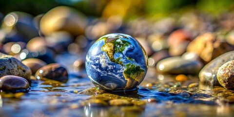 Wall Mural - a pebble that resembles planet earth sits precariously on the edge of a small stream ultra closeup m