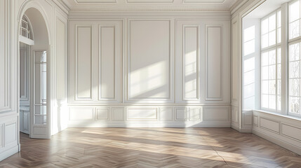 sunlight streams through a large window in a spacious, white-walled room with intricate paneling and