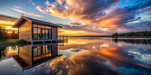 Wall Mural - modern cabin over the lake  water lake sunset sky landscape nature reflection sun river sunrise clouds sea calm AI-Created Conte