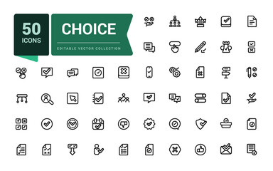 Choice icon set. Minimal outline voting elections and choice icons Related to winner, yes or no, checkmark, favorite. Line icons for web design, mobile app.