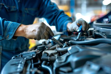 Auto mechanic repairs engine with wrenches in boutique garage for automotive photography concept