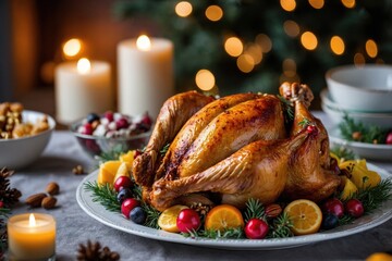 Wall Mural - Baked turkey or chicken. The Christmas table is served with a turkey, decorated with fruits, salad and nuts. Fried chicken, table. Christmas dinner